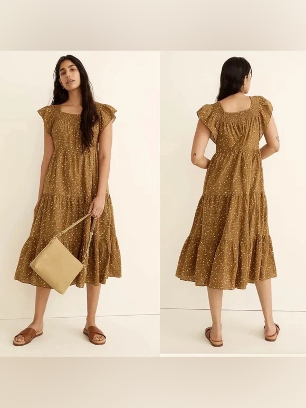 Madewell Ruffle-Sleeve Tiered Midi Dress in Daisy Stitch Olive Green sz M